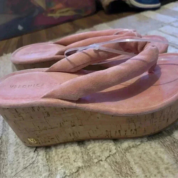 Veronica Beard 6 Geno Cork Leather Suede Pink Wedge Heel Sandals - Picture 7 of 9